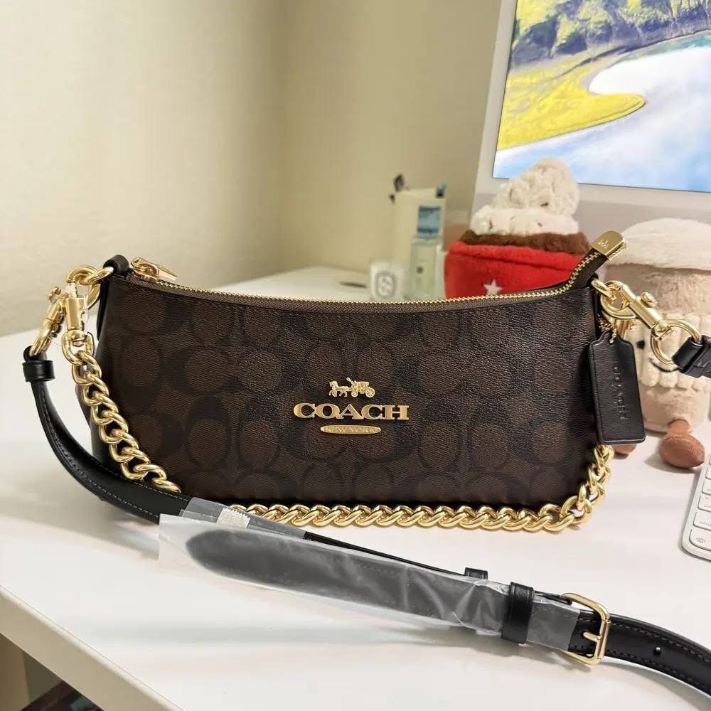 Coach Signature Brown Shoulder Bag with Gold Chain